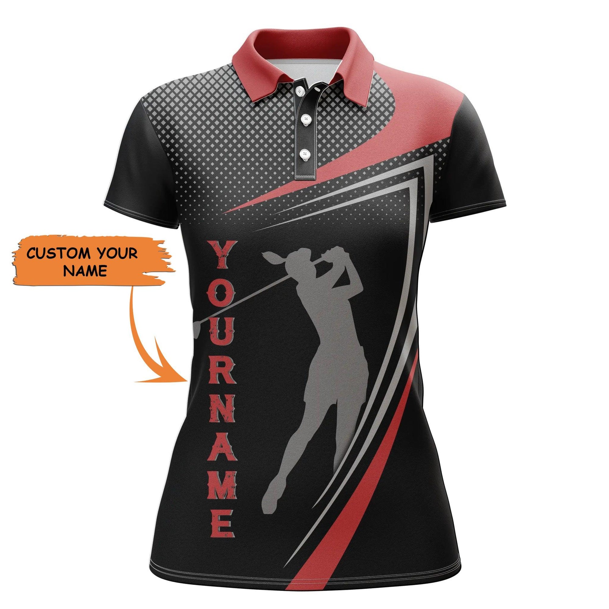 Golf Custom Name Women Polo Shirt, Red And Black Golfer Silhouette Personalized Women Polo Shirt - Perfect Gift For Ladies, Golf Lovers, Golfers - Amzanimalsgift