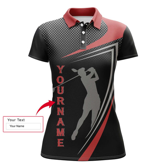 Golf Custom Name Women Polo Shirt, Red And Black Sports Golf Golfer Silhouette Personalized Women Polo Shirts, Gift For Ladies, Golfers, Golf Lovers - Amzanimalsgift