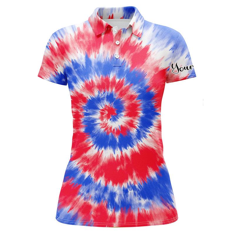 Golf Custom Name Women Polo Shirt, Red And Blue Tie Dye Background Personalized Women Polo Shirts, Golf Tops, Gift For Ladies, Golf Lovers, Golfers - Amzanimalsgift
