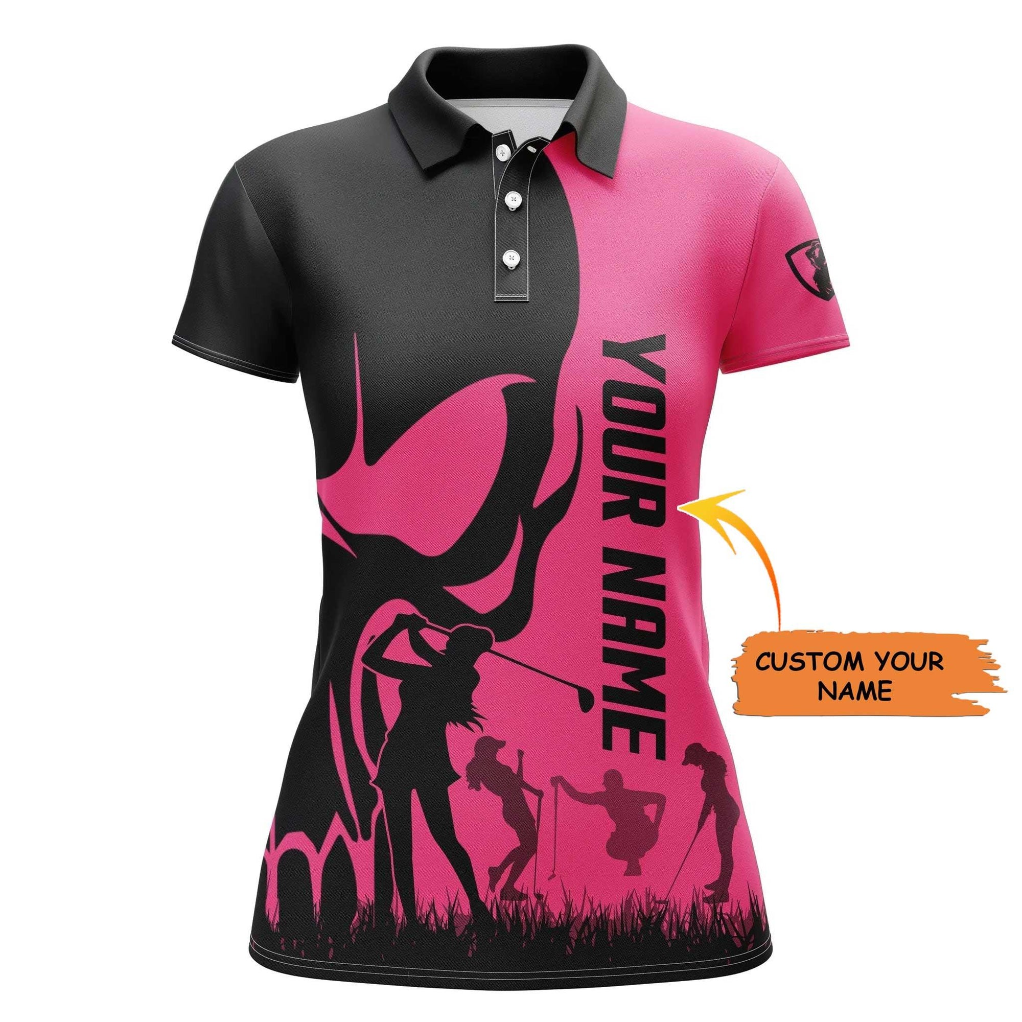 Golf Custom Name Women Polo Shirt, Skull Black Pink Personalized Women Polo Shirts, Golf Tops, Gift For Ladies, Golf Lovers, Golfers - Amzanimalsgift