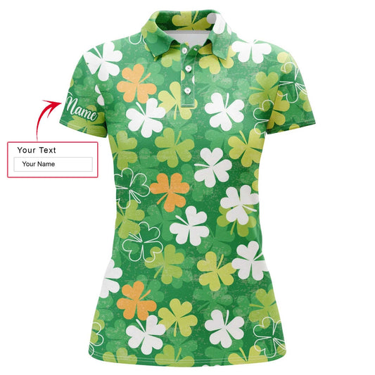 Golf Custom Name Women Polo Shirt, St. Patrick's Day Green Clover Pattern Personalized Women Polo Shirts, Golfers Gift For Ladies, Golf Lovers - Amzanimalsgift