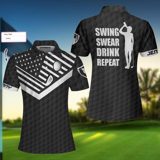 Golf Custom Name Women Polo Shirt, Swing Swear Drink Repeat Black Personalized Women Polo Shirts, Golfing Gift For Ladies, Golfers, Golf Lovers - Amzanimalsgift