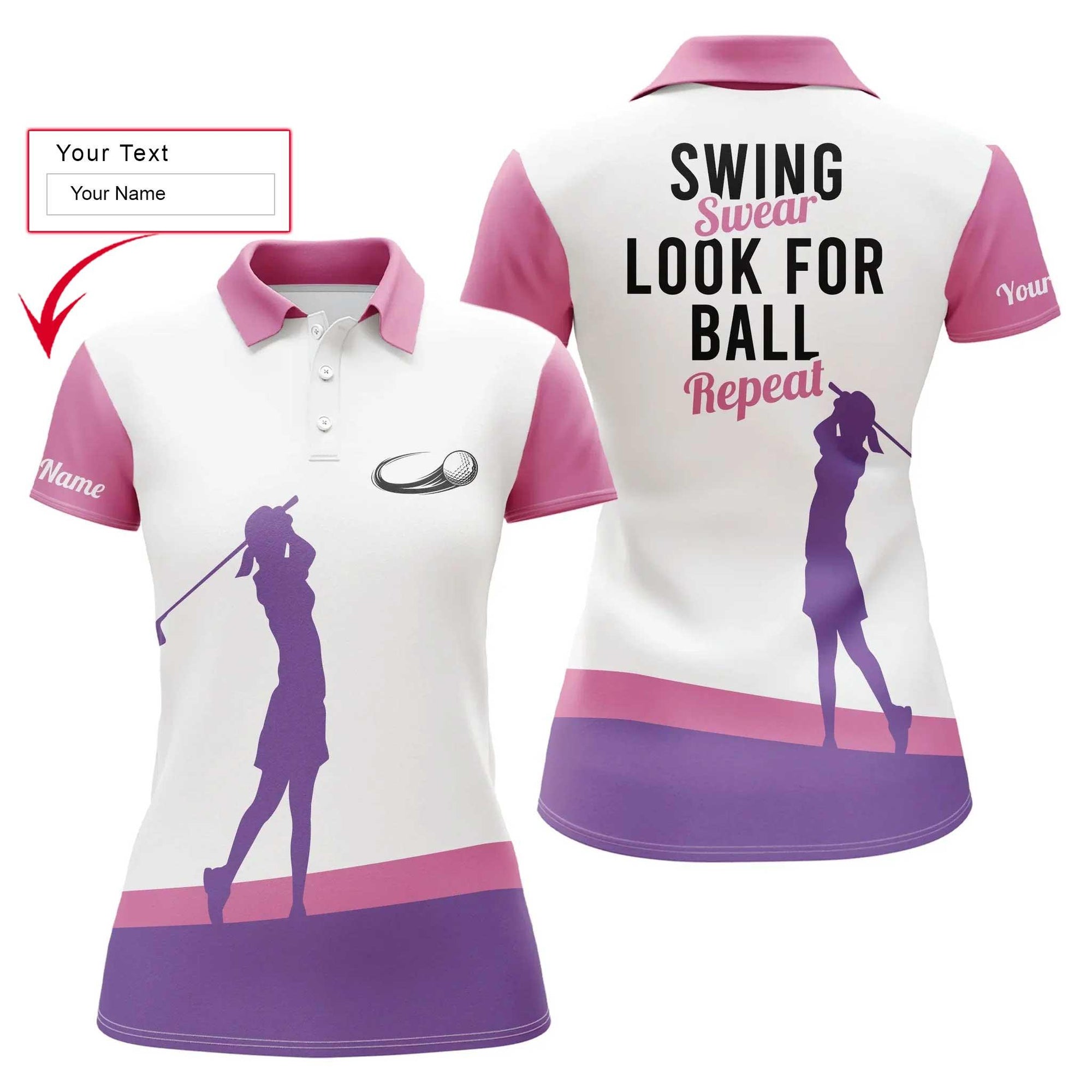 Golf Custom Name Women Polo Shirt, Swing Swear Look For Ball Repeat Pink Personalized Women Polo Shirts, Gift For Ladies Tops, Golfers, Golf Lovers - Amzanimalsgift