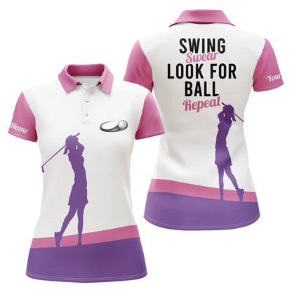 Golf Custom Name Women Polo Shirt, Swing Swear Look For Ball Repeat Pink Personalized Women Polo Shirts, Gift For Ladies Tops, Golfers, Golf Lovers - Amzanimalsgift