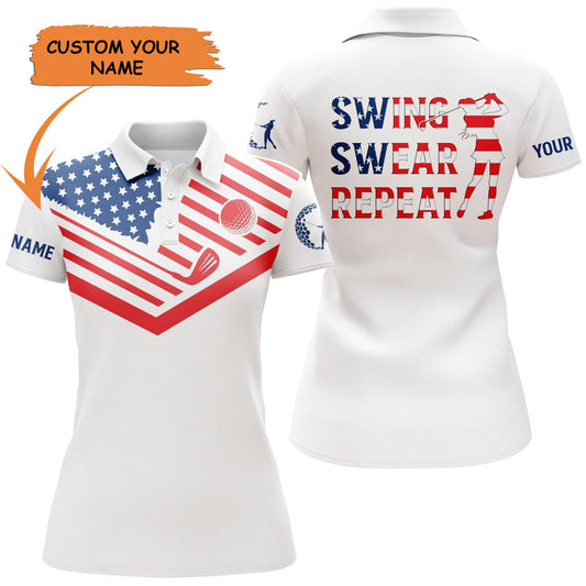 Golf Custom Name Women Polo Shirt, Swing Swear Repeat American flag White Golf Personalized Women Polo Shirt - Gift For Ladies, Golf Lovers, Golfers - Amzanimalsgift