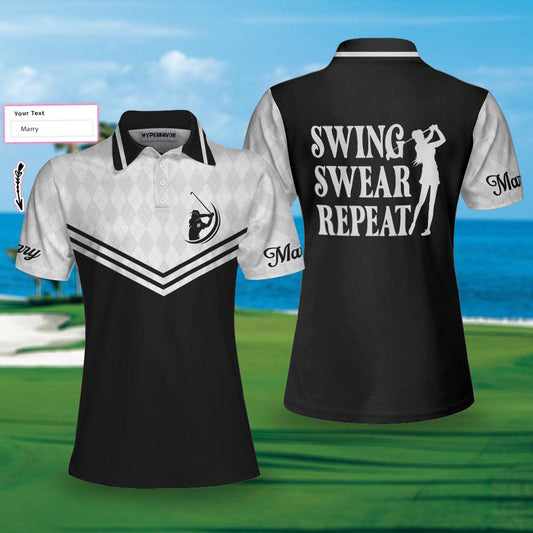 Golf Custom Name Women Polo Shirt, Swing Swear Repeat Black And White Personalized Women Polo Shirts, Golfing Gift For Ladies, Golfers, Golf Lovers - Amzanimalsgift