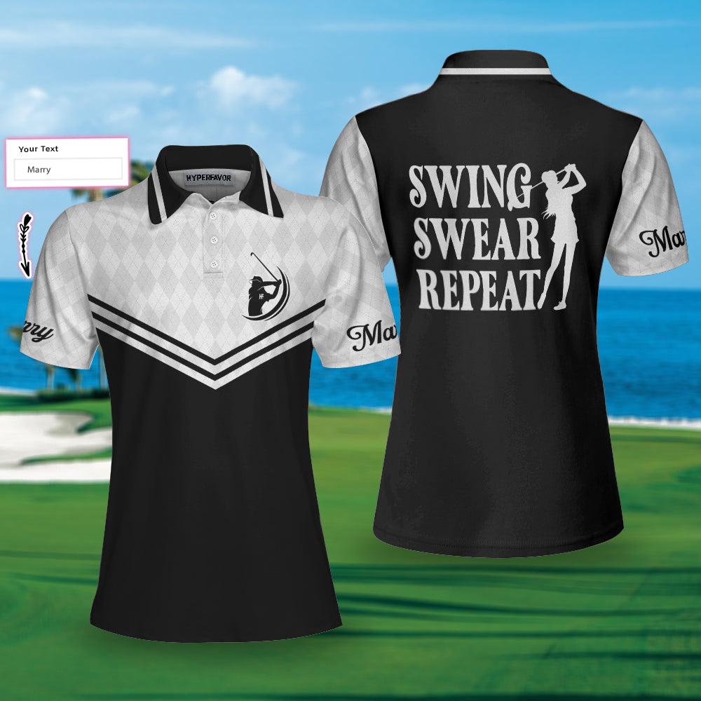 Golf Custom Name Women Polo Shirt, Swing Swear Repeat Black And White Personalized Women Polo Shirts, Golfing Gift For Ladies, Golfers, Golf Lovers - Amzanimalsgift