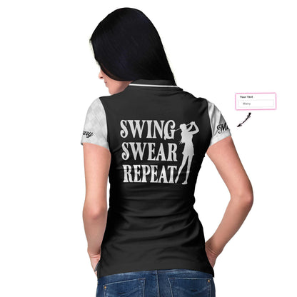Golf Custom Name Women Polo Shirt, Swing Swear Repeat Black And White Personalized Women Polo Shirts, Golfing Gift For Ladies, Golfers, Golf Lovers - Amzanimalsgift