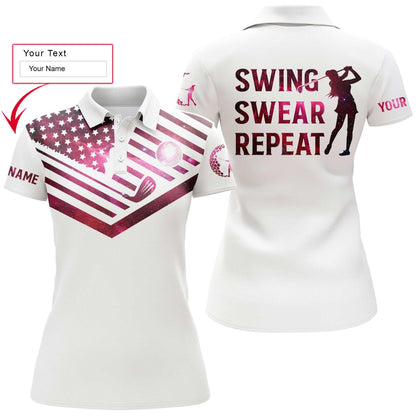 Golf Custom Name Women Polo Shirt, Swing Swear Repeat, Galaxy American Flag Personalized Women Polo Shirts, Gift For Ladies, Golfers, Golf Lovers - Amzanimalsgift