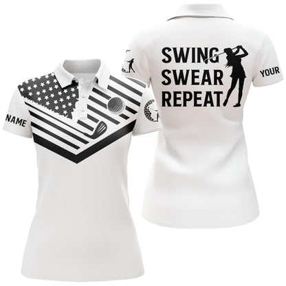 Golf Custom Name Women Polo Shirt, Swing Swear Repeat, Galaxy American Flag Personalized Women Polo Shirts, Gift For Ladies, Golfers, Golf Lovers - Amzanimalsgift