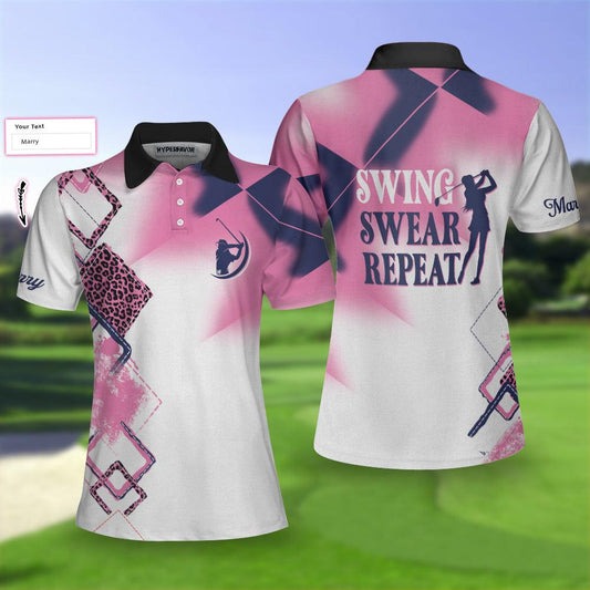 Golf Custom Name Women Polo Shirt, Swing Swear Repeat Personalized Women Polo Shirts, Golfing Gift For Ladies, Golfers, Golf Lovers - Amzanimalsgift