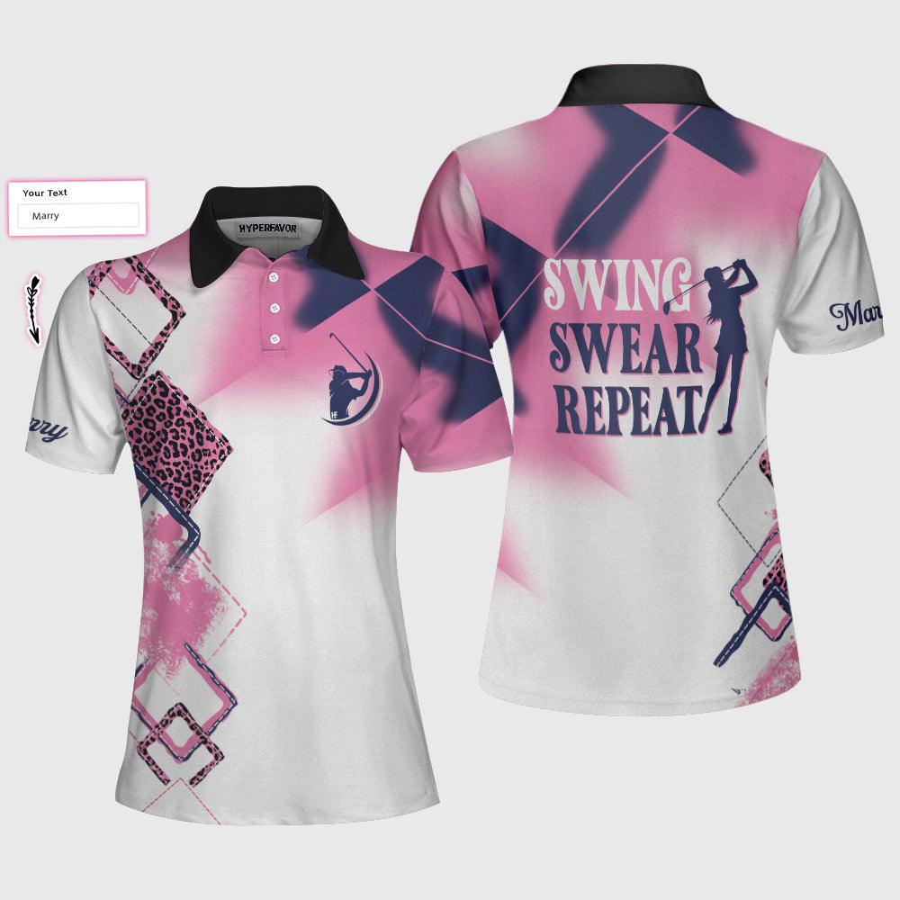 Golf Custom Name Women Polo Shirt, Swing Swear Repeat Personalized Women Polo Shirts, Golfing Gift For Ladies, Golfers, Golf Lovers - Amzanimalsgift