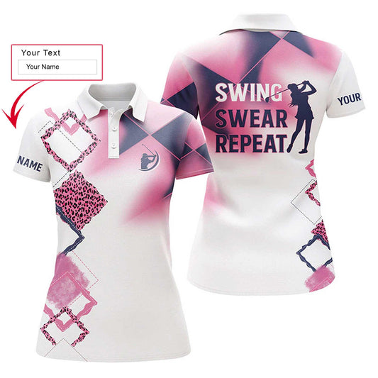 Golf Custom Name Women Polo Shirt, Swing Swear Repeat, Pink Leopard White Personalized Women Polo Shirts, Gift For Ladies, Golfers, Golf Lovers - Amzanimalsgift