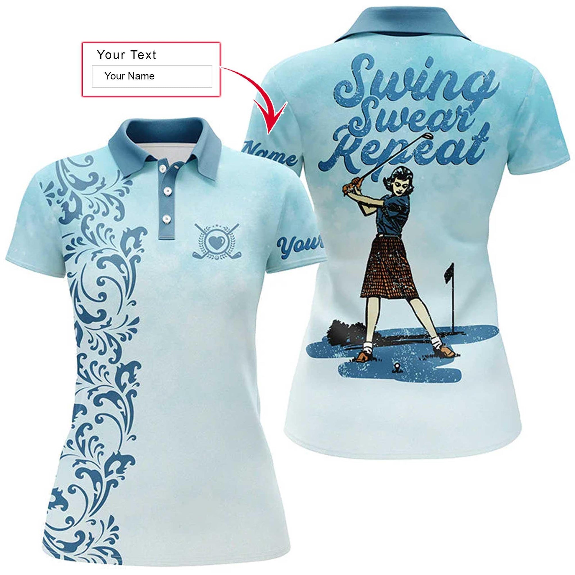 Golf Custom Name Women Polo Shirt, Swing Swear Repeat Vintage Blue Personalized Women Polo Shirts, Golf Gift For Ladies, Golfers, Golf Lovers - Amzanimalsgift