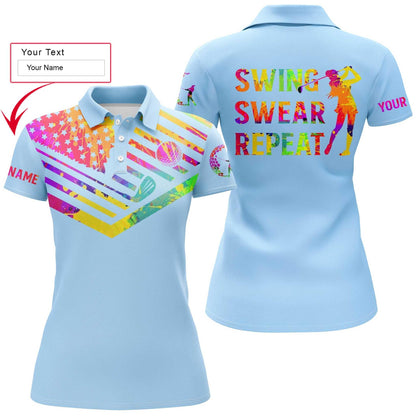 Golf Custom Name Women Polo Shirt, Swing Swear Repeat, Watercolor American Flag Light Blue Personalized Women Polo Shirts, Gift For Golf Lover, Golfer - Amzanimalsgift