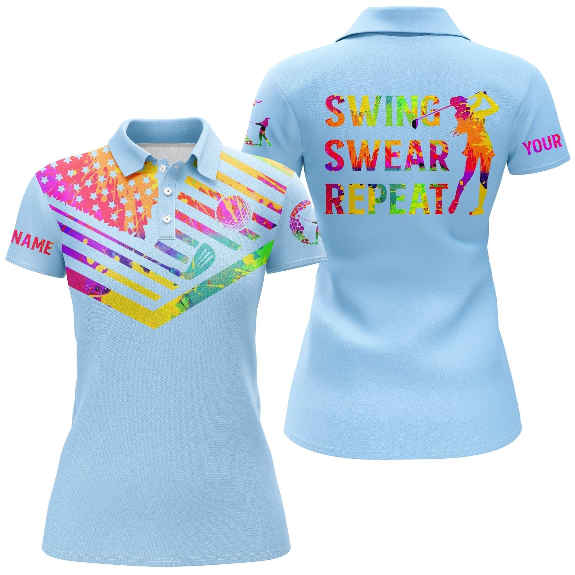 Golf Custom Name Women Polo Shirt, Swing Swear Repeat, Watercolor American Flag Light Blue Personalized Women Polo Shirts, Gift For Golf Lover, Golfer - Amzanimalsgift