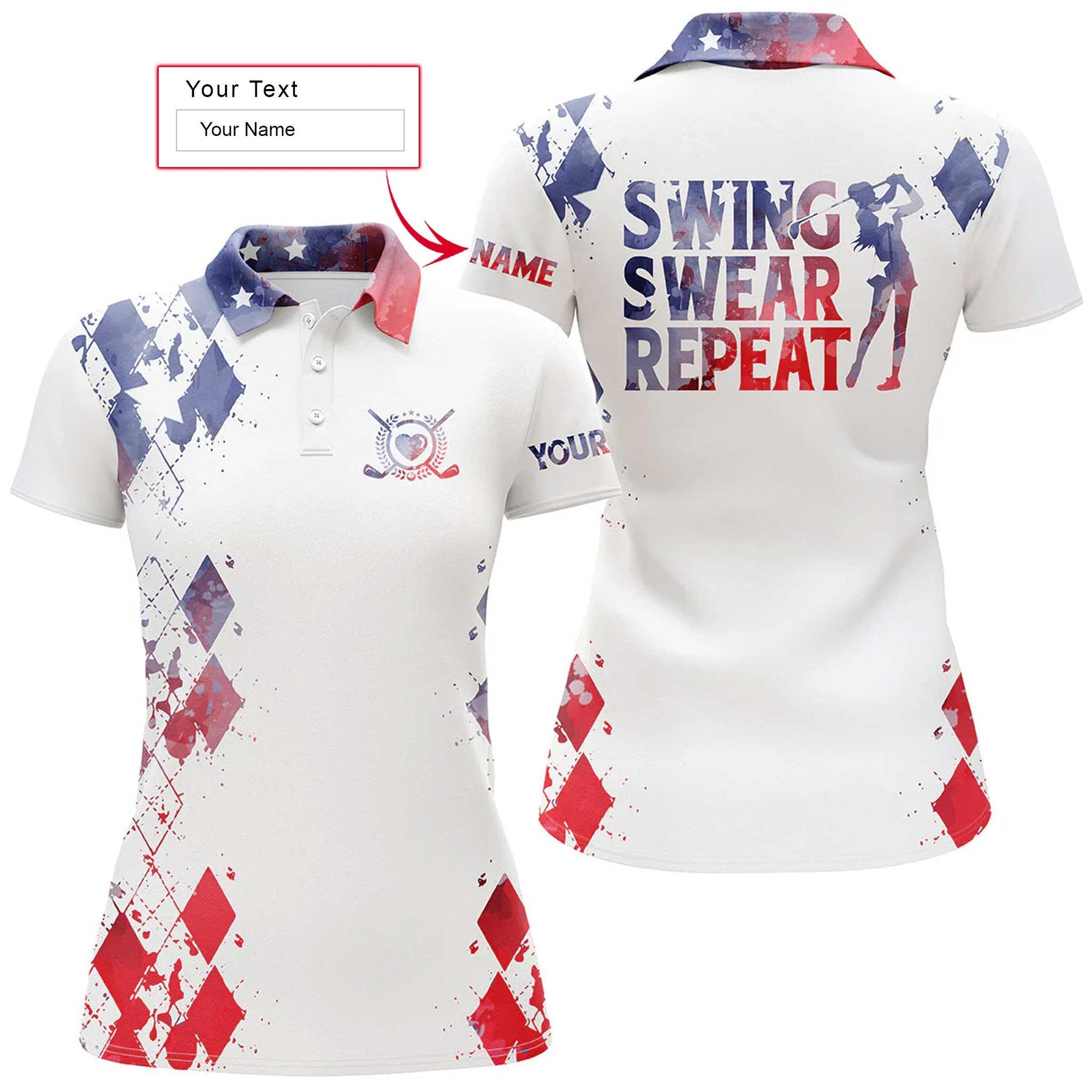 Golf Custom Name Women Polo Shirt, Swing Swear Repeat, Watercolor American Flag Personalized White Women Polo Shirts, Gift For Golf Lovers, Golfers - Amzanimalsgift