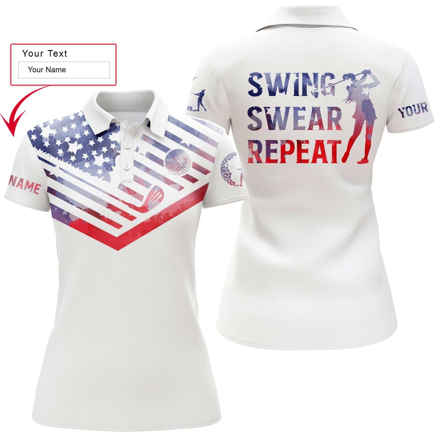 Golf Custom Name Women Polo Shirt, Swing Swear Repeat, Watercolor American Flag Personalized Women Polo Shirts, Gift For Ladies, Golf Lovers, Golfers - Amzanimalsgift