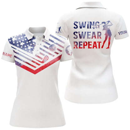 Golf Custom Name Women Polo Shirt, Swing Swear Repeat, Watercolor American Flag Personalized Women Polo Shirts, Gift For Ladies, Golf Lovers, Golfers - Amzanimalsgift