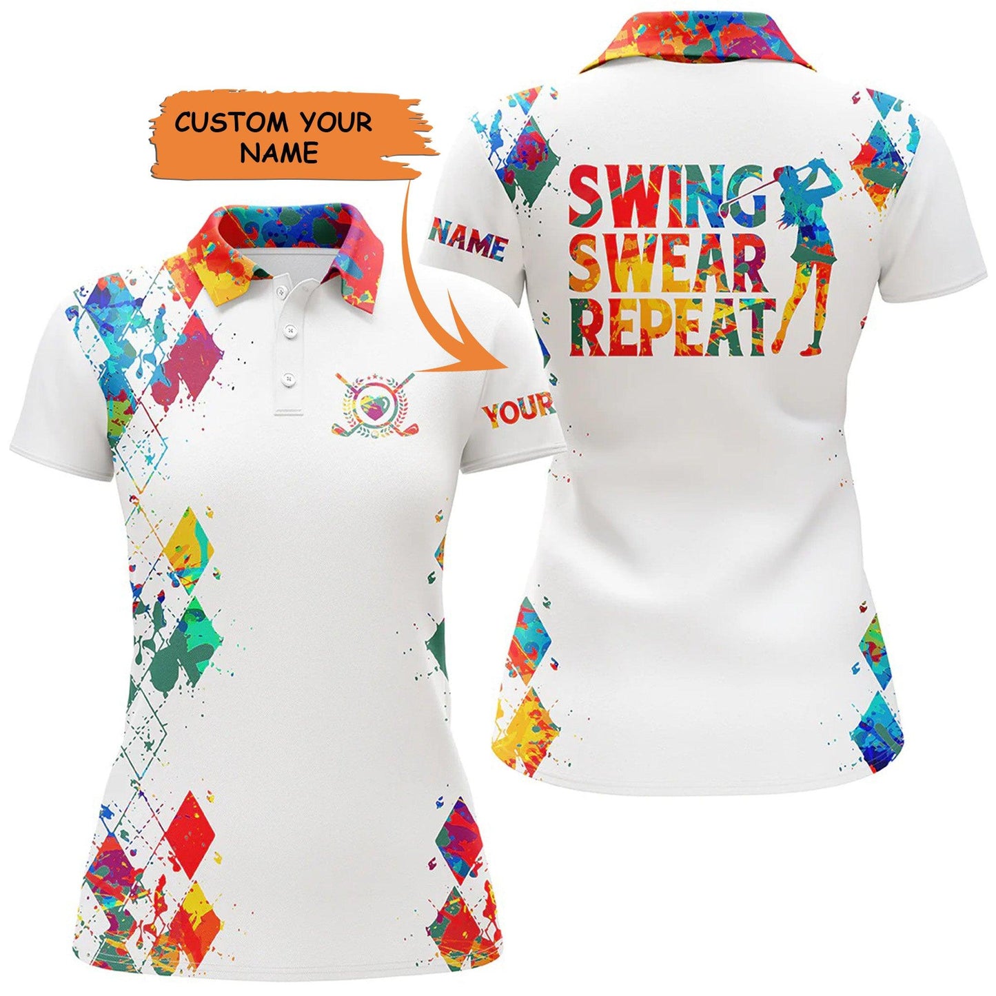 Golf Custom Name Women Polo Shirt, Swing Swear Repeat Watercolor White Golf Personalized Women Polo Shirt - Gift For Ladies, Golf Lovers, Golfers - Amzanimalsgift