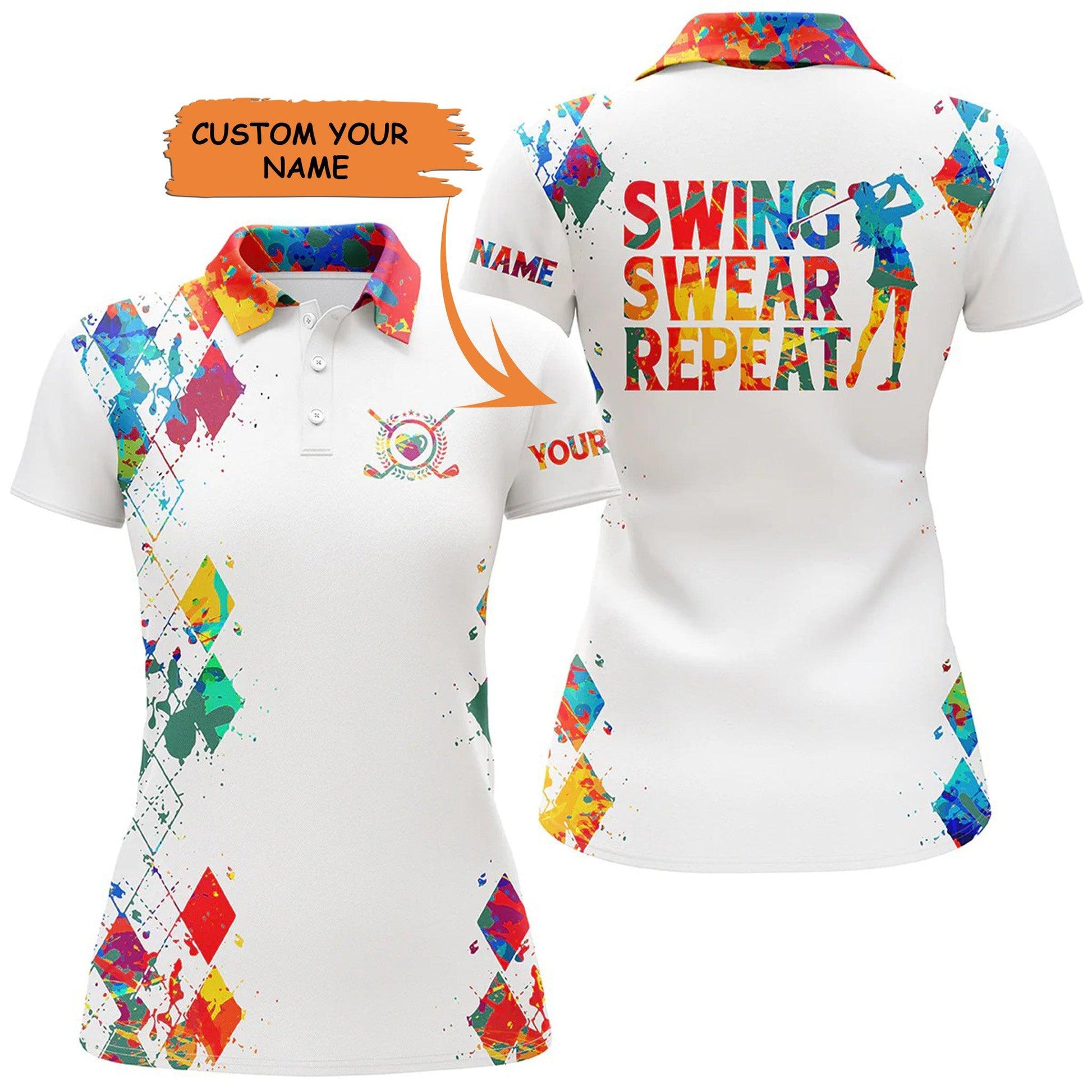 Golf Custom Name Women Polo Shirt, Swing Swear Repeat Watercolor White Golf Personalized Women Polo Shirt - Gift For Ladies, Golf Lovers, Golfers - Amzanimalsgift