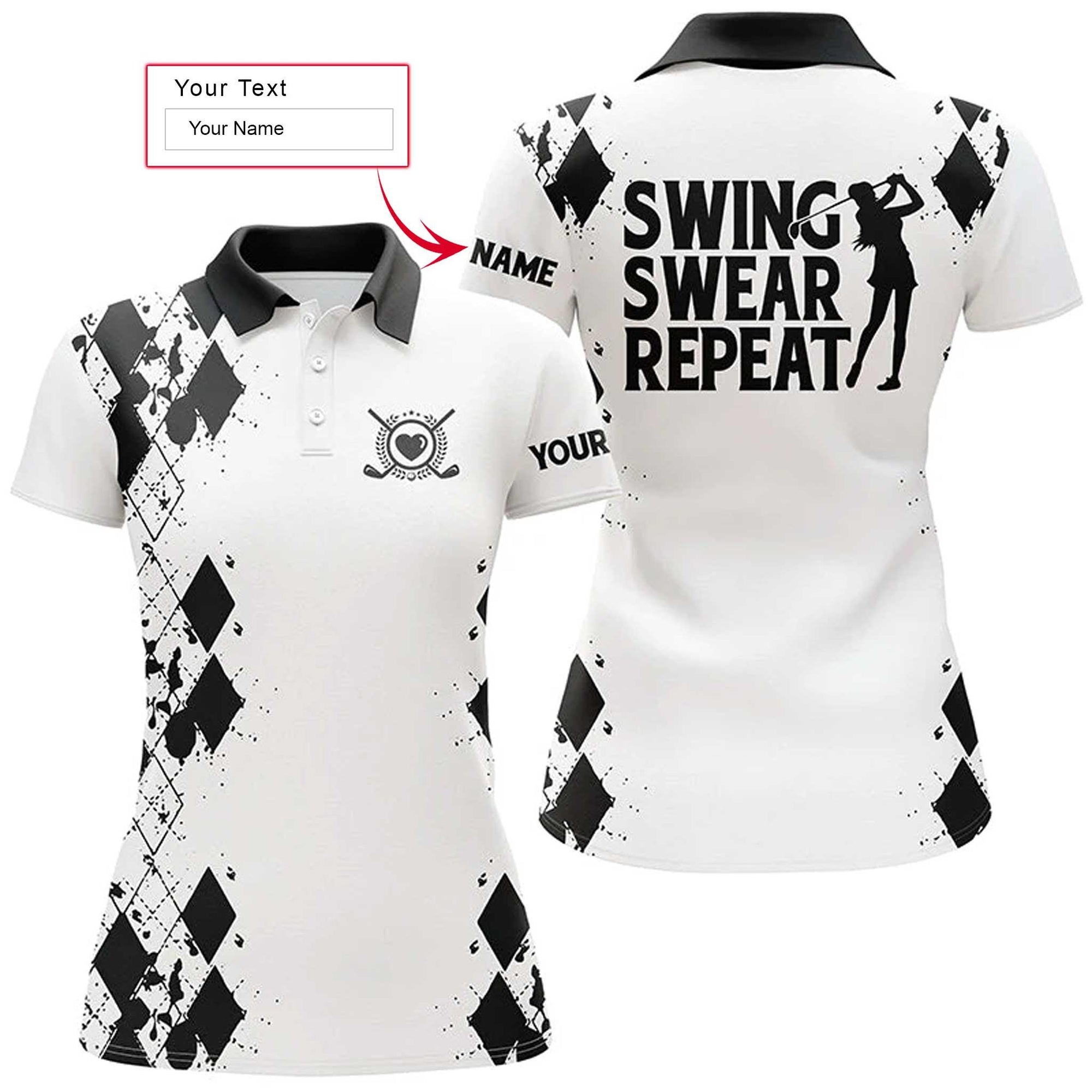 Golf Custom Name Women Polo Shirt, Swing Swear Repeat White Black Golfing Personalized Women Polo Shirts, Gift For Ladies, Golf Lovers, Golfers - Amzanimalsgift