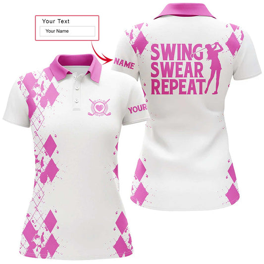 Golf Custom Name Women Polo Shirt, Swing Swear Repeat White Golfing Personalized Women Polo Shirts, Perfect Gift For Ladies, Golf Lovers, Golfers - Amzanimalsgift