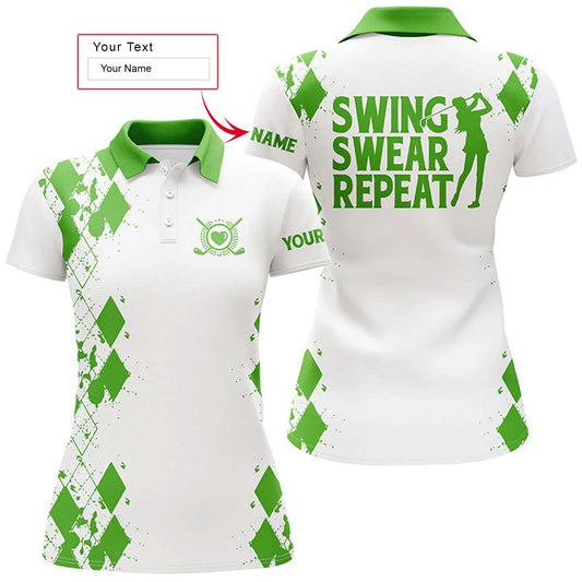 Golf Custom Name Women Polo Shirt, Swing Swear Repeat White Green Golfing Personalized Women Polo Shirts, Gift For Ladies, Golf Lovers, Golfers - Amzanimalsgift