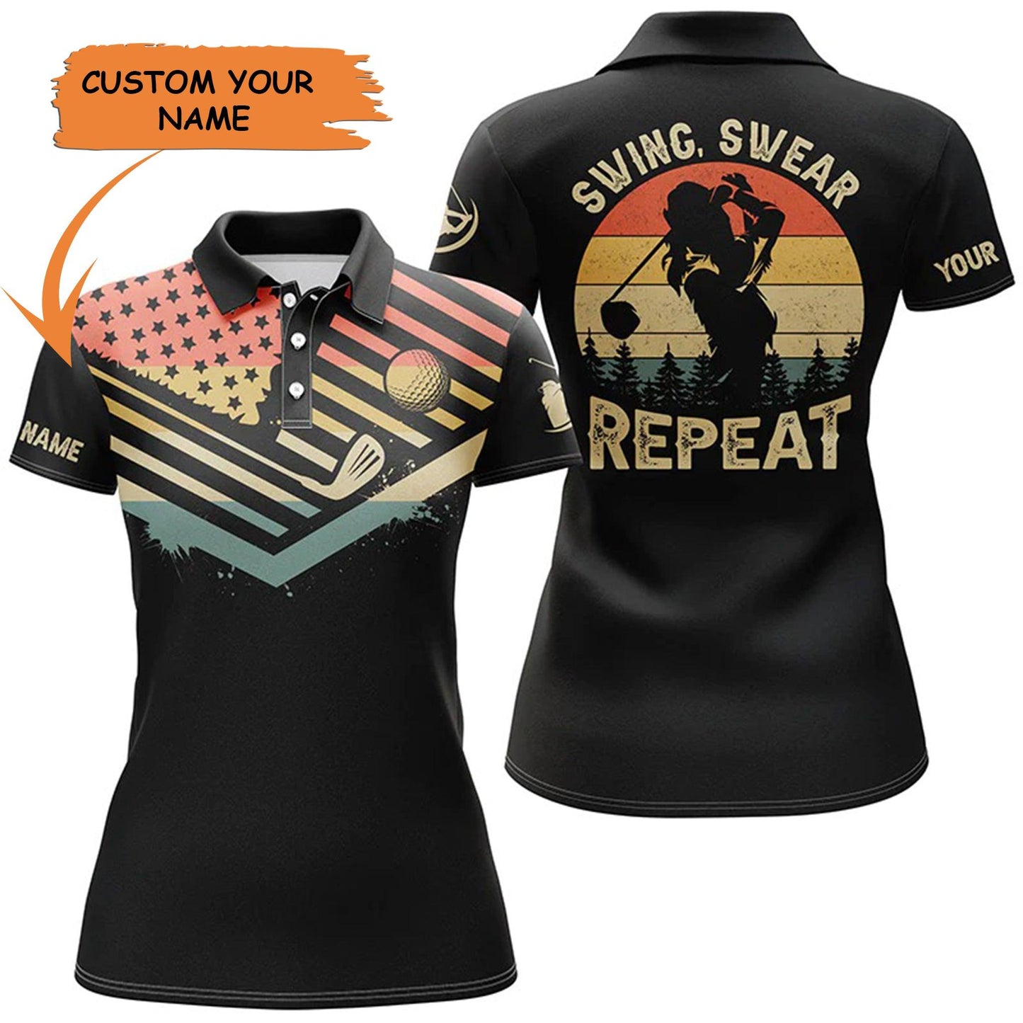 Golf Custom Name Women Polo Shirt, Vintage American Flag Personalized Women Polo Shirt - Perfect Gift For Women, Ladies, Golf Lovers, Golfers - Amzanimalsgift