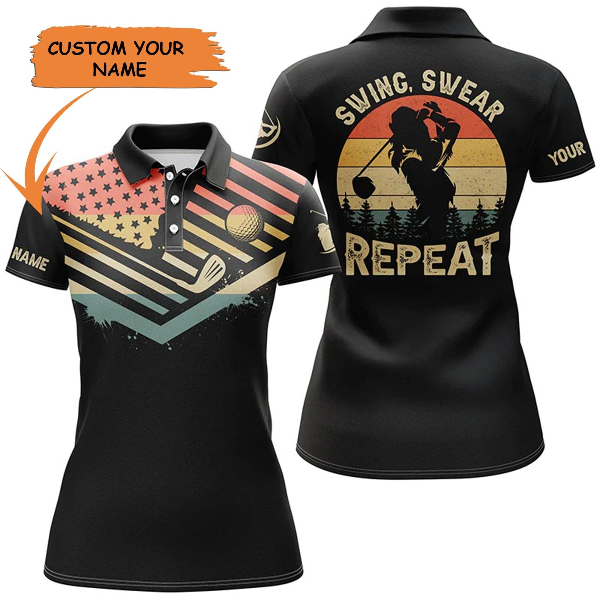 Golf Custom Name Women Polo Shirt, Vintage American Flag Personalized Women Polo Shirt - Perfect Gift For Women, Ladies, Golf Lovers, Golfers - Amzanimalsgift