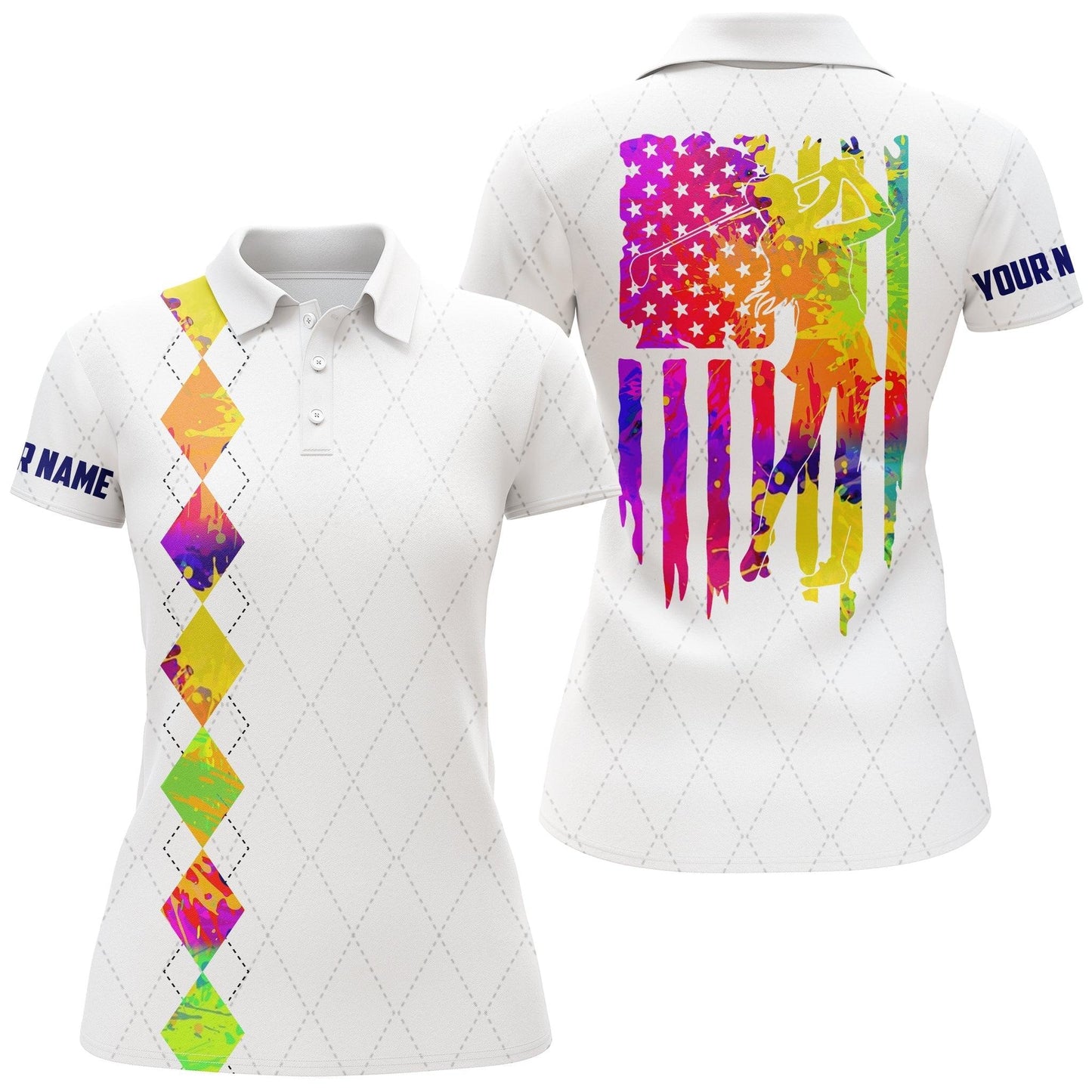 Golf Custom Name Women Polo Shirt, Watercolor American Flag Patriotic Golf Personalized Women Polo Shirts, Gift For Ladies, Golf Lovers, Golfers - Amzanimalsgift