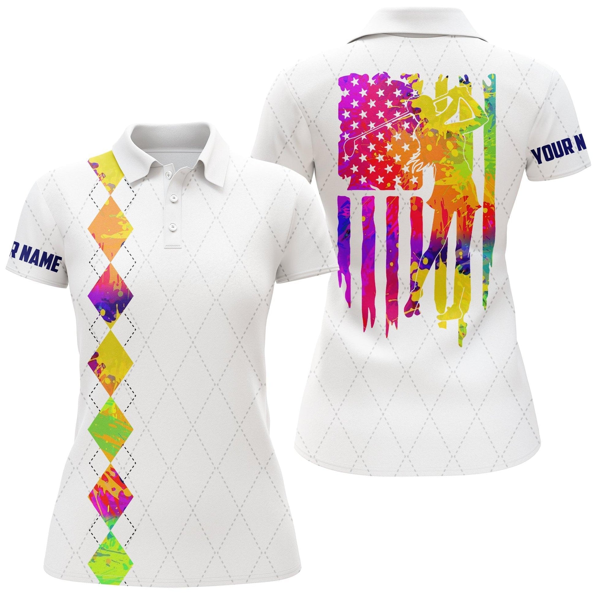 Golf Custom Name Women Polo Shirt, Watercolor American Flag Patriotic Golf Personalized Women Polo Shirts, Gift For Ladies, Golf Lovers, Golfers - Amzanimalsgift