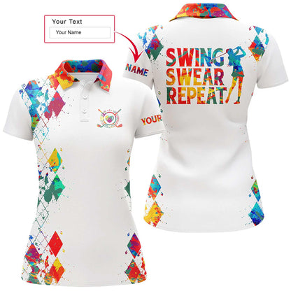Golf Custom Name Women Polo Shirt, Watercolor Swing Swear Repeat Golf Personalized Women Polo Shirts, Golfing Gift For Ladies, Golf Lovers, Golfers - Amzanimalsgift