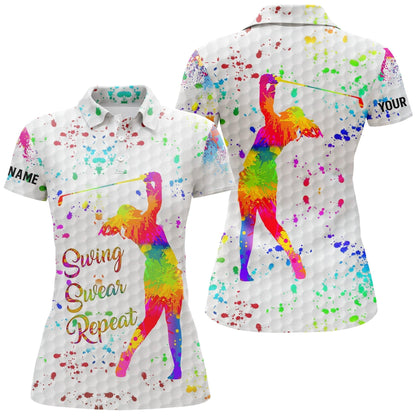 Golf Custom Name Women Polo Shirt, Watercolor Swing Swear Repeat Personalized Women Polo Shirts, Golfing Gift For Ladies, Golf Lovers, Female Golfers - Amzanimalsgift
