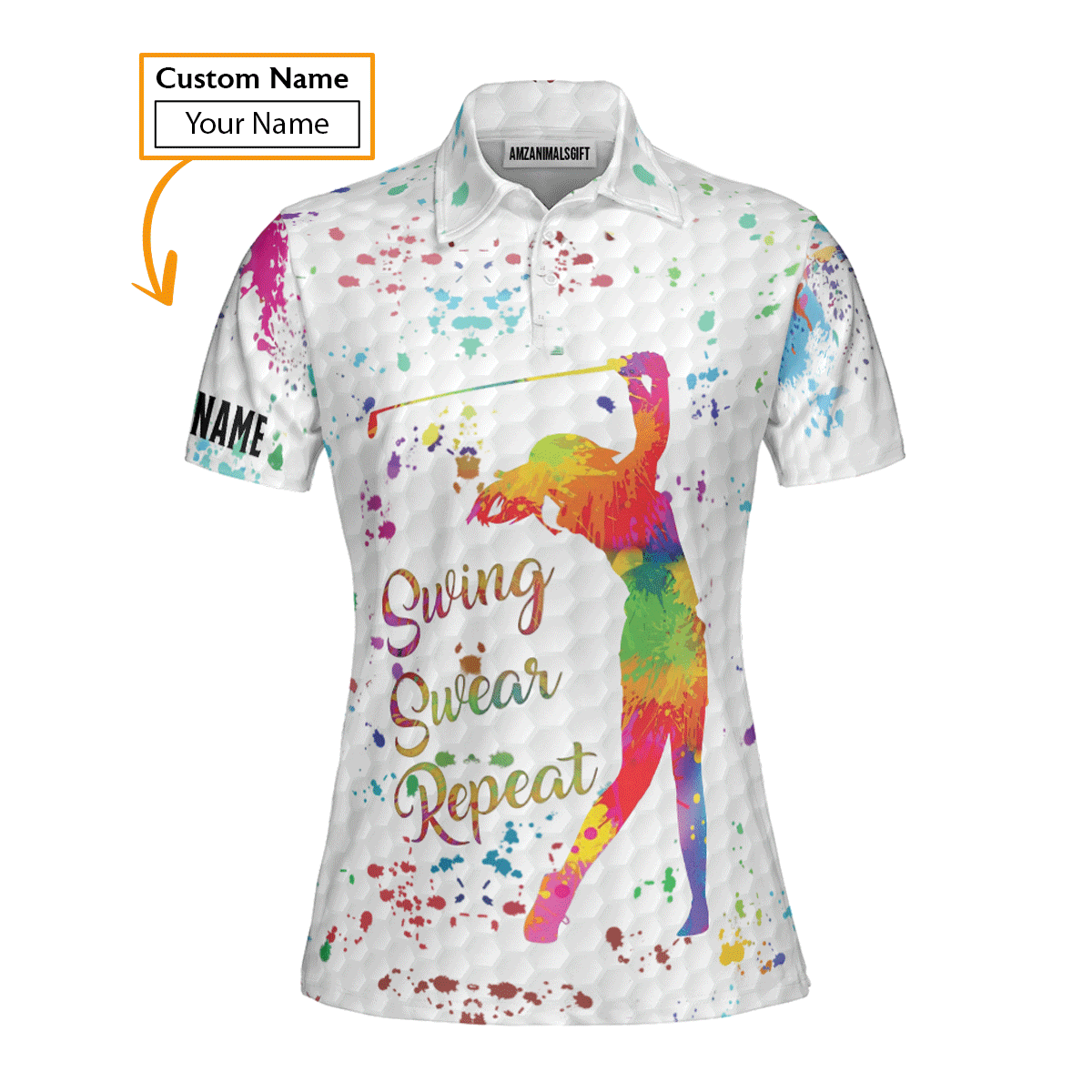 Golf Custom Name Women Polo Shirt, Watercolor Swing Swear Repeat Personalized Women Polo Shirts, Golfing Gift For Ladies, Golfers, Golf Lovers - Amzanimalsgift