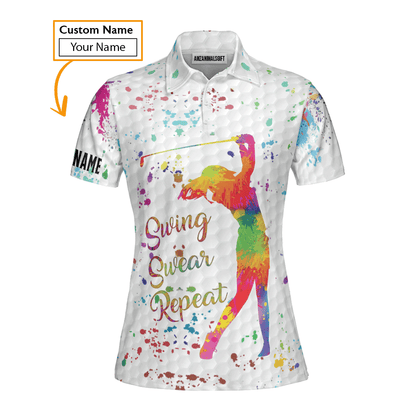 Golf Custom Name Women Polo Shirt, Watercolor Swing Swear Repeat Personalized Women Polo Shirts, Golfing Gift For Ladies, Golfers, Golf Lovers - Amzanimalsgift