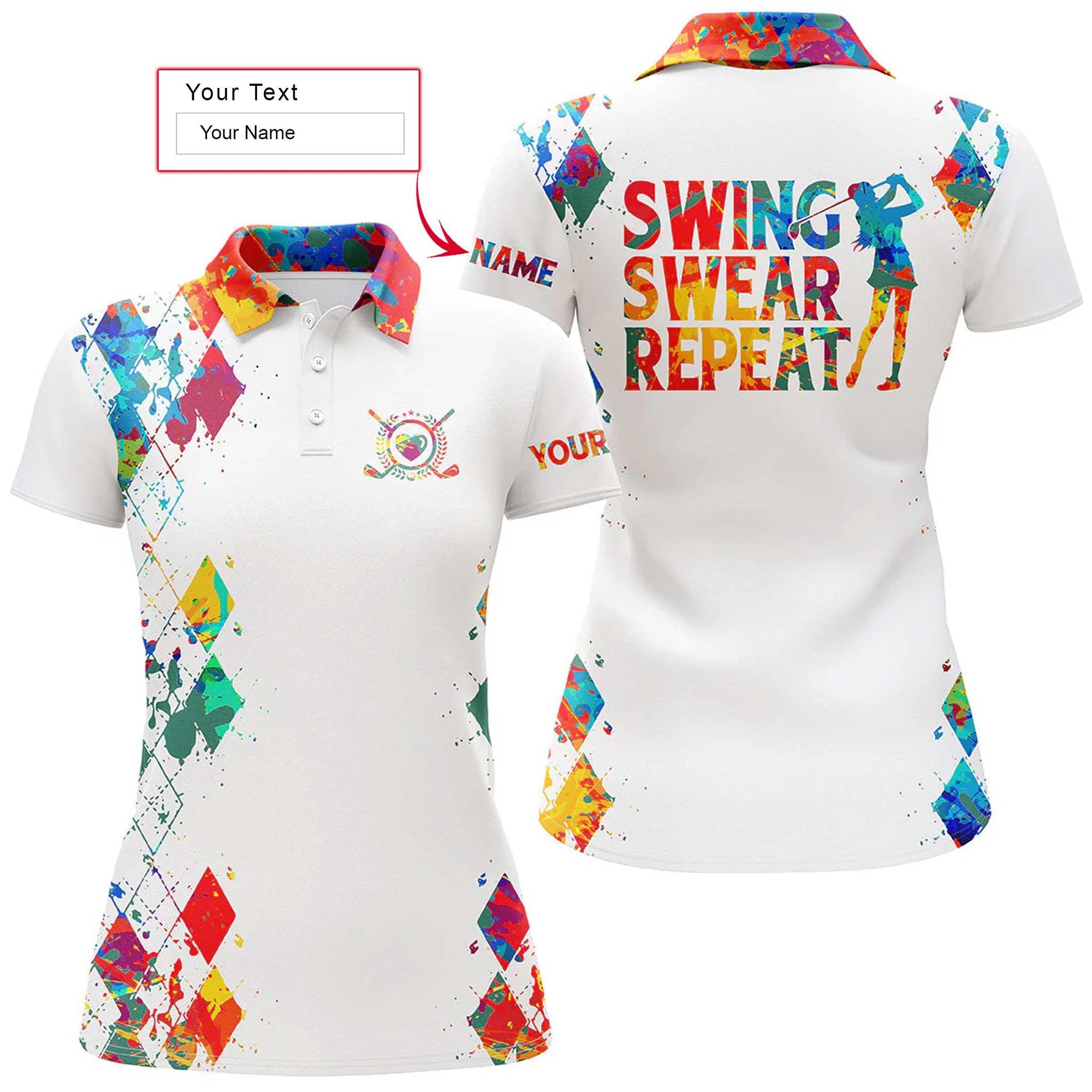 Golf Custom Name Women Polo Shirt, Watercolor Swing Swear Repeat White Personalized Women Polo Shirts, Gift For Ladies, Golf Lovers, Golfers - Amzanimalsgift