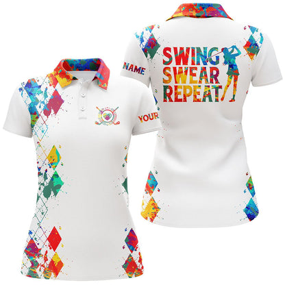 Golf Custom Name Women Polo Shirt, Watercolor Swing Swear Repeat White Personalized Women Polo Shirts, Gift For Ladies, Golf Lovers, Golfers - Amzanimalsgift