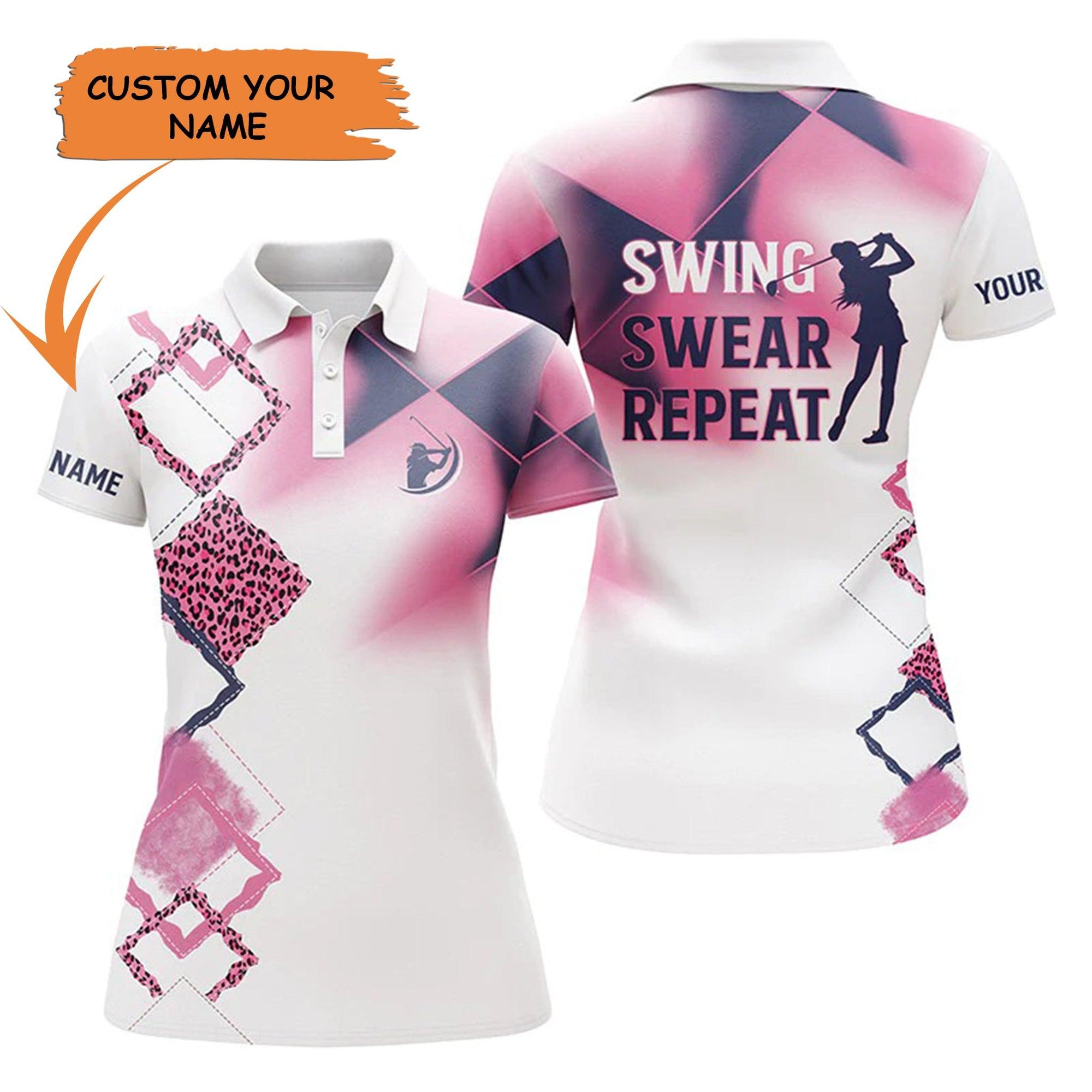 Golf Custom Name Women Polo Shirt, White Golf Swing Swear Repeat Polo Shirt, Pink Leopard Pattern Personalized Polo Shirt Gift For Golf Lovers, Golfer - Amzanimalsgift