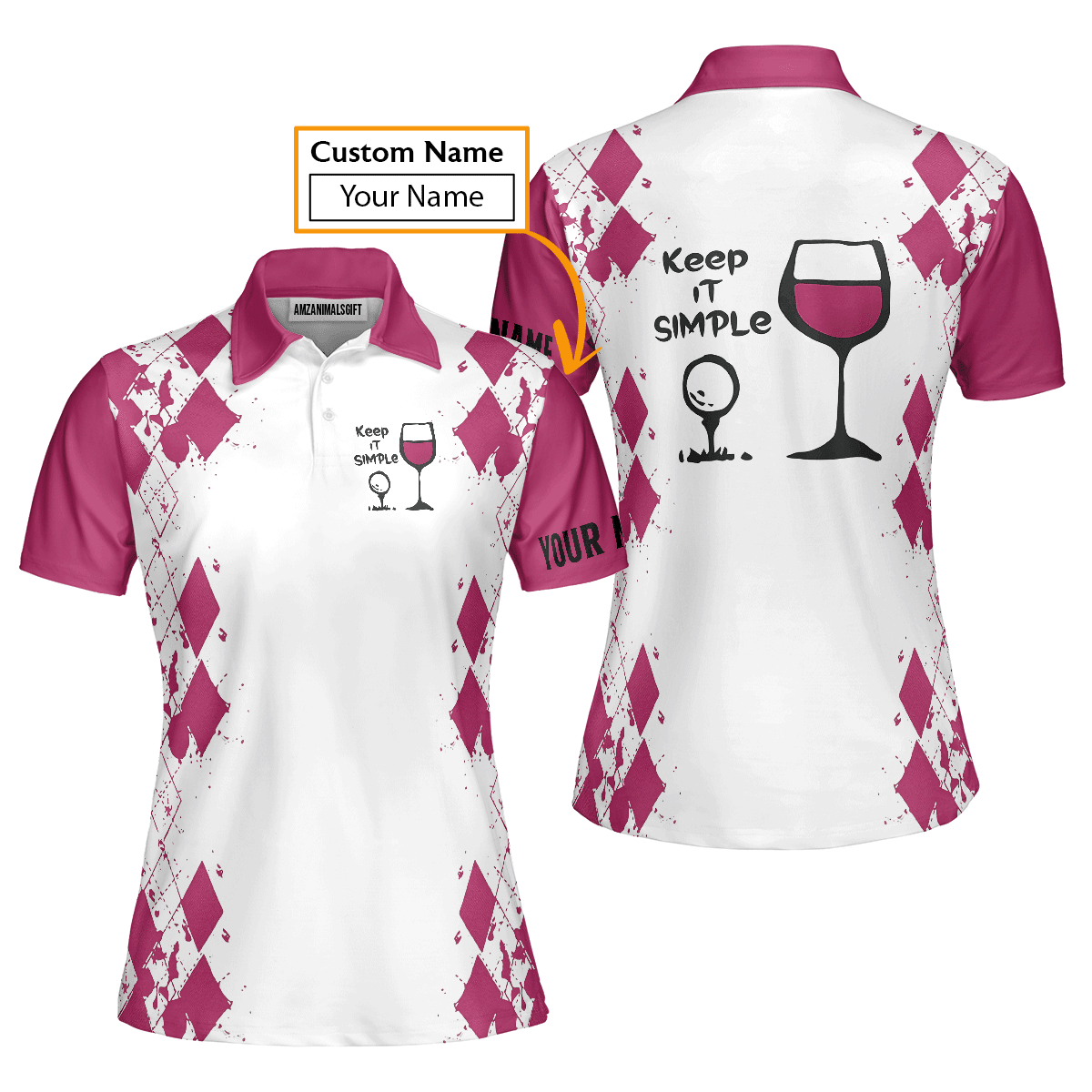 Golf Custom Name Women Polo Shirt, White Pink Keep It Simple Golf & Wine Personalized Women Polo Shirts, Best Gift For Ladies, Golfers, Golf Lovers - Amzanimalsgift