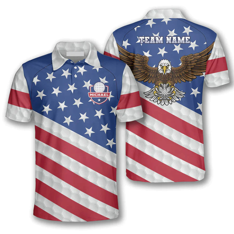 Golf Custom Team Name Men Polo Shirt, Personalized Patriotic American Flag Eagle Independence Day Polo Shirts For Men, 4th Of July Gift For Golfers - Amzanimalsgift