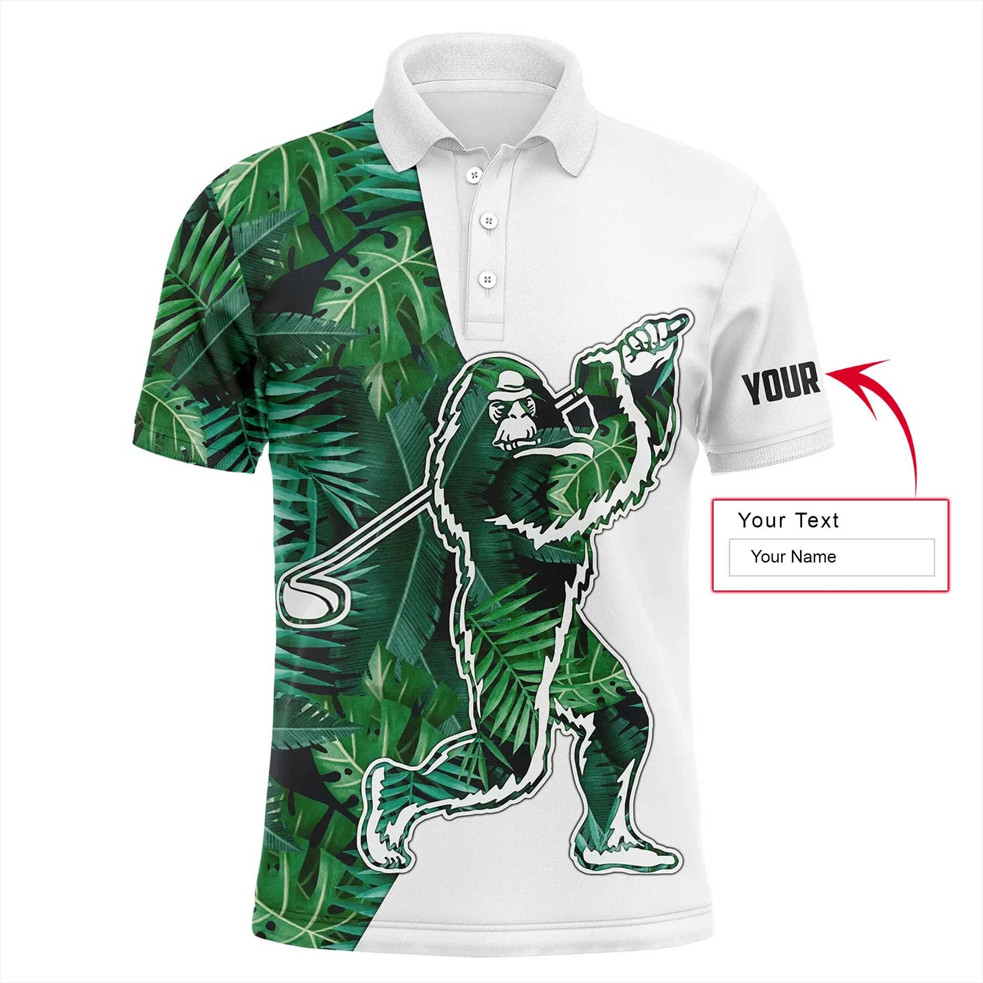 Golf Customized Name Men Polo Shirt, Bigfoot, Tropical Green Leaves Pattern Sasquatch Playing Golf Polo Shirt For Men - Gift For Golfers, Golf Lovers - Amzanimalsgift