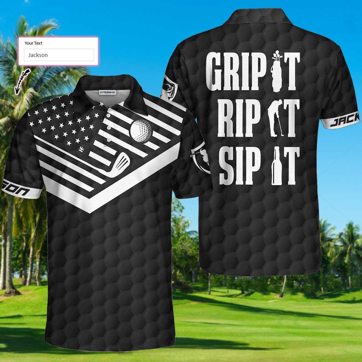 Golf Customized Name Men Polo Shirt, Black And White American Flag, Golfer Grip It Rip It Sip It Polo Shirt, Personalized Gift For Golfers, Golf Lovers - Amzanimalsgift