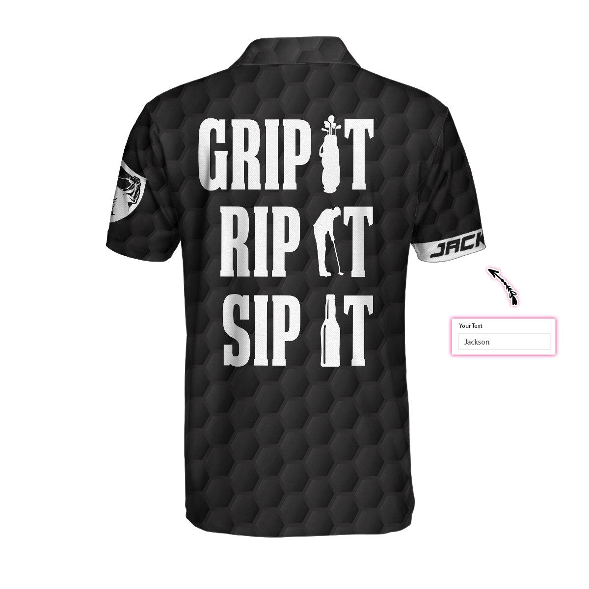 Golf Customized Name Men Polo Shirt, Black And White American Flag, Golfer Grip It Rip It Sip It Polo Shirt, Personalized Gift For Golfers, Golf Lovers - Amzanimalsgift