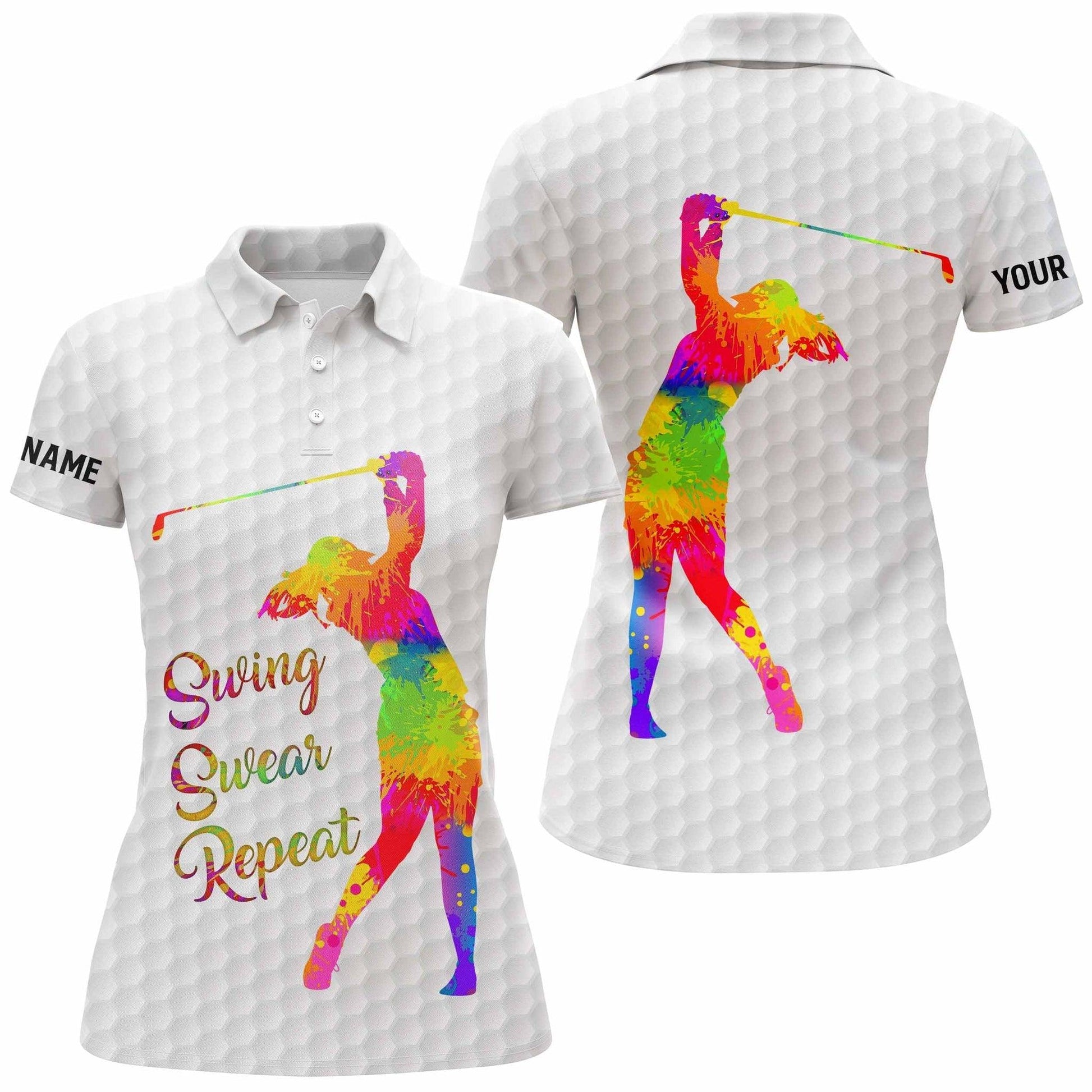 Golf Customized Name Women Polo Shirt, Watercolor Swing Swear Repeat, Golf Gifts For Women, Golfers, Golf Lovers - Amzanimalsgift