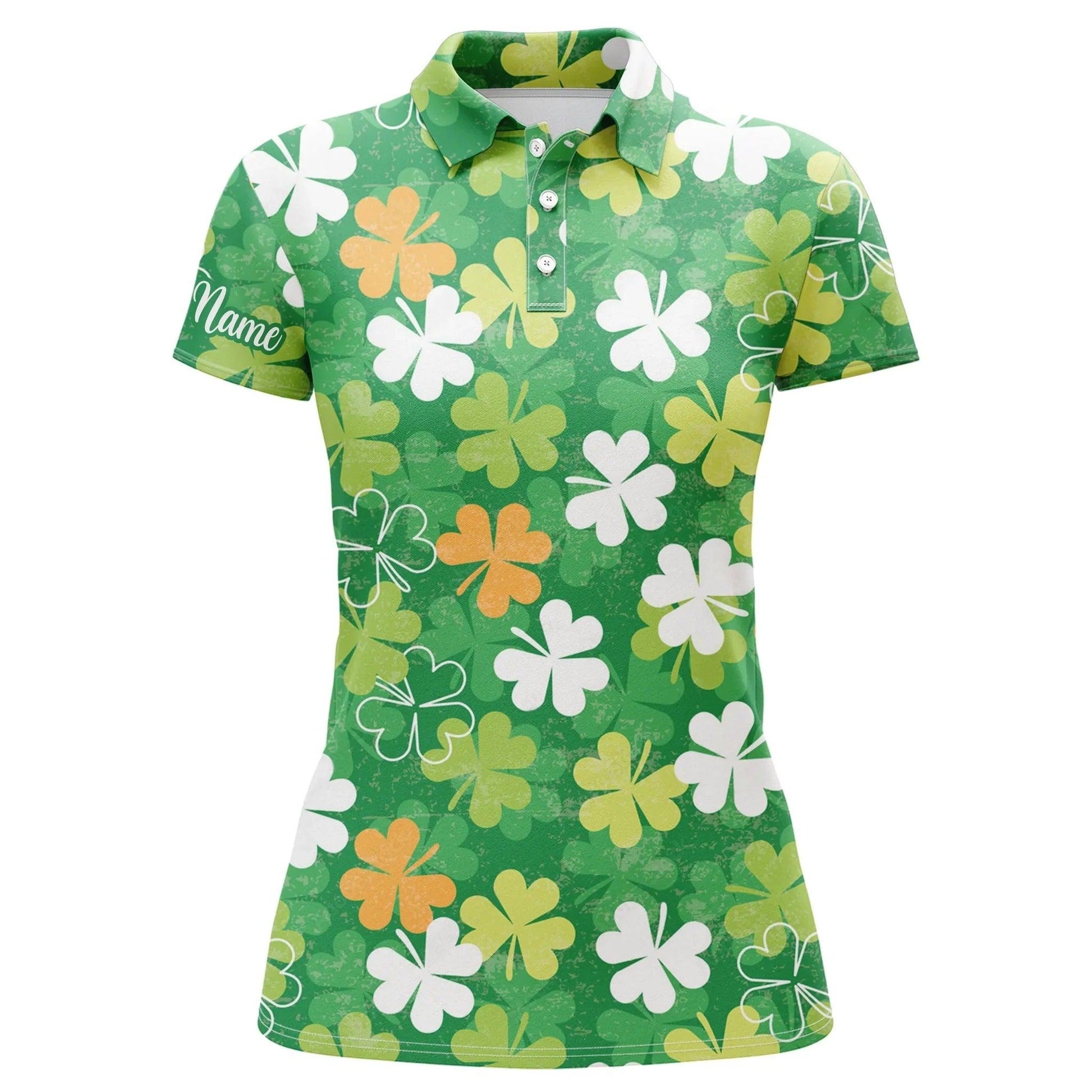 Golf Customized Name Women Polo Shirts, Saint Patrick, Personalized Green Clover Pattern For Ladies - Perfect Polo Shirt For Women, St. Patrick's Day - Amzanimalsgift