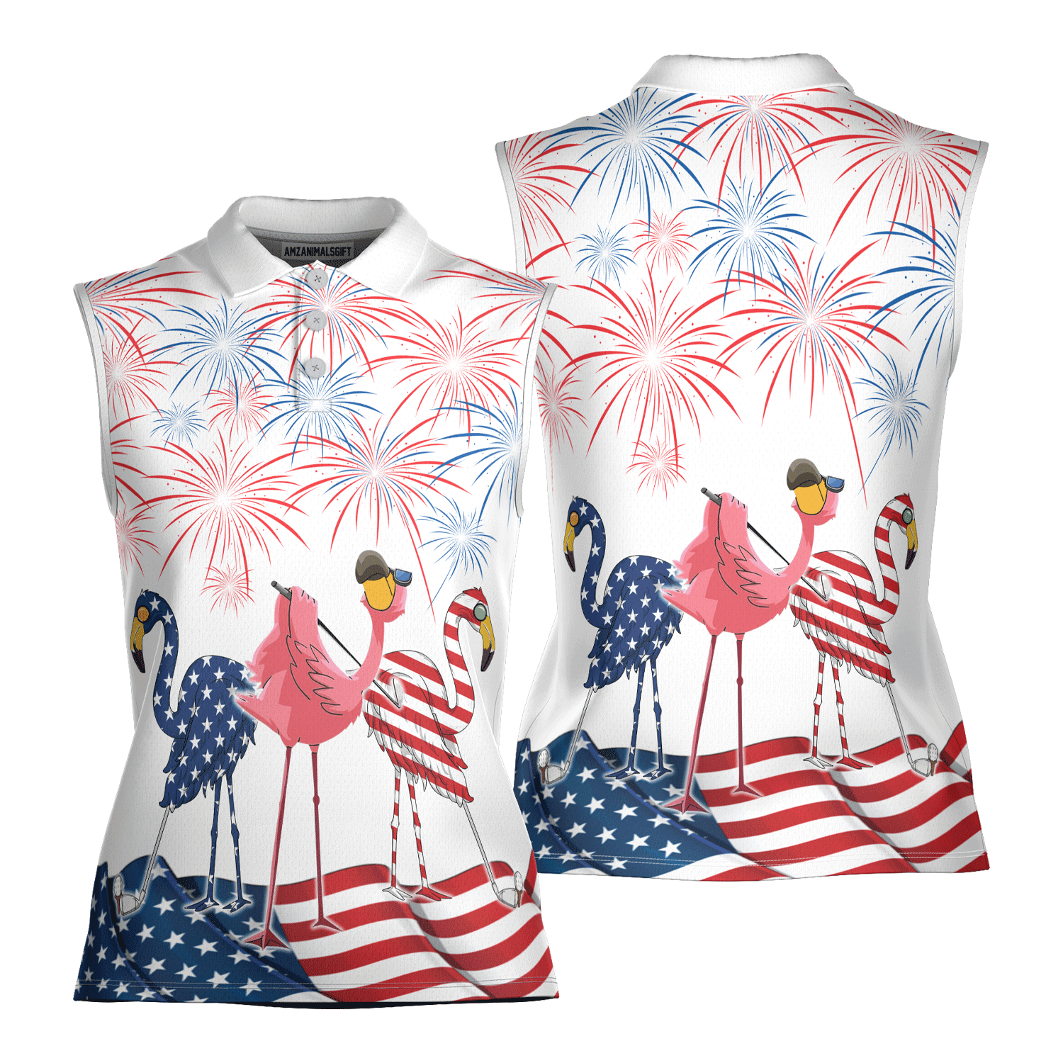 Golf Flamingo American Flag 4th Of July Women Polo Shirt, 4th Of July Patriotic Funny Flamingo Women Polo Shirt - Gift For Mother's Day, Golfers, Female - Amzanimalsgift