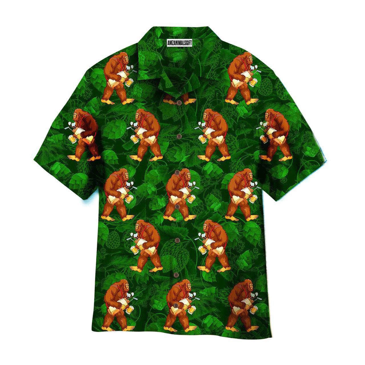 Golf Hawaiian Shirt, Bigfoot Love Golf And Beer Leaves Pattern Green Aloha Hawaiian Shirts For Men and Women - Gift For Golfer, Friend, Family - Amzanimalsgift