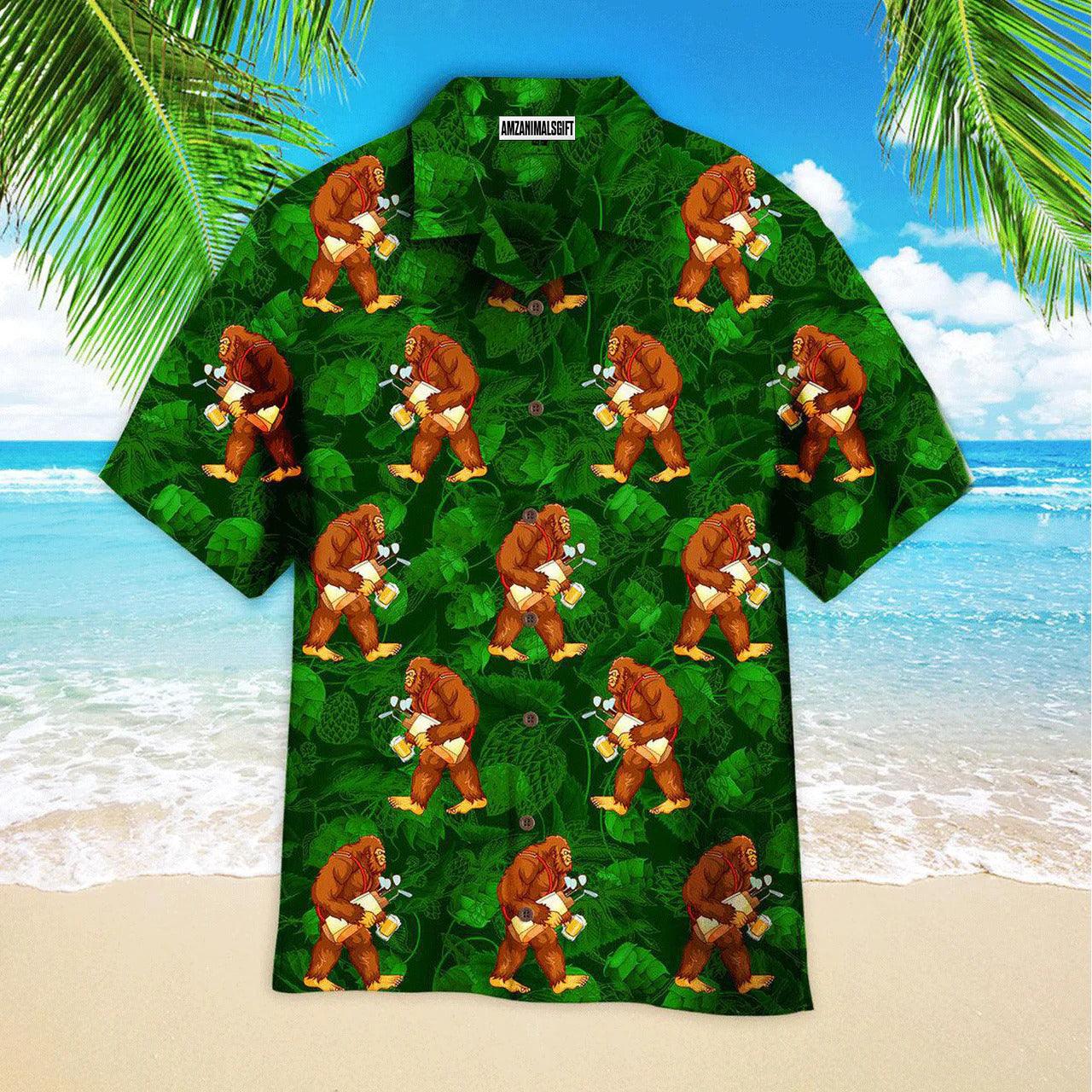 Golf Hawaiian Shirt, Bigfoot Love Golf And Beer Leaves Pattern Green Aloha Hawaiian Shirts For Men and Women - Gift For Golfer, Friend, Family - Amzanimalsgift