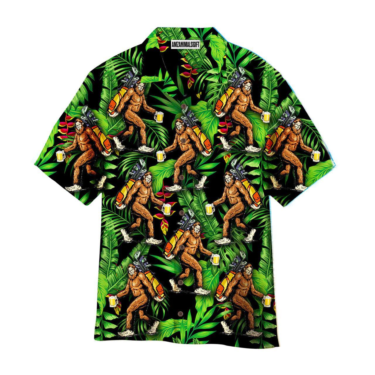 Golf Hawaiian Shirt, Bigfoot Love Golf And Beer Palm Leaves Pattern Aloha Hawaiian Shirts For Men and Women - Gift For Golfer, Friend, Family - Amzanimalsgift